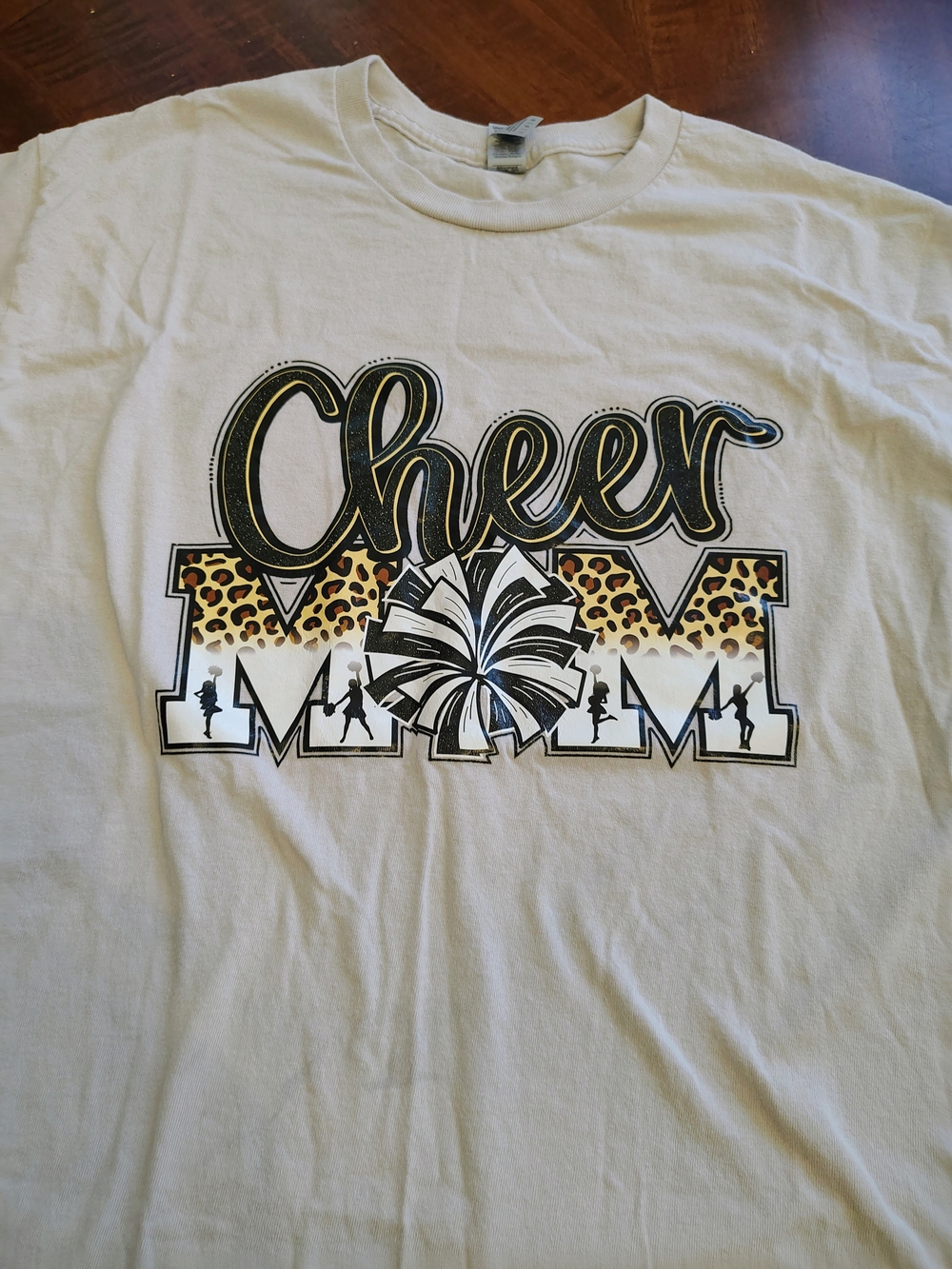 Cheer Mom Leopard Print Glitter Graphic T-Shirt Tan Large